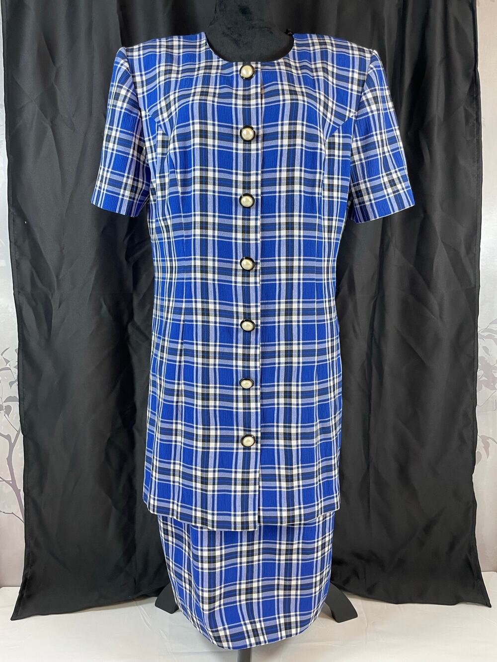 M.H.M. Melissa Harper Vintage 90s Plaid Layered Dress Suit Pearl Buttons Blue 14
